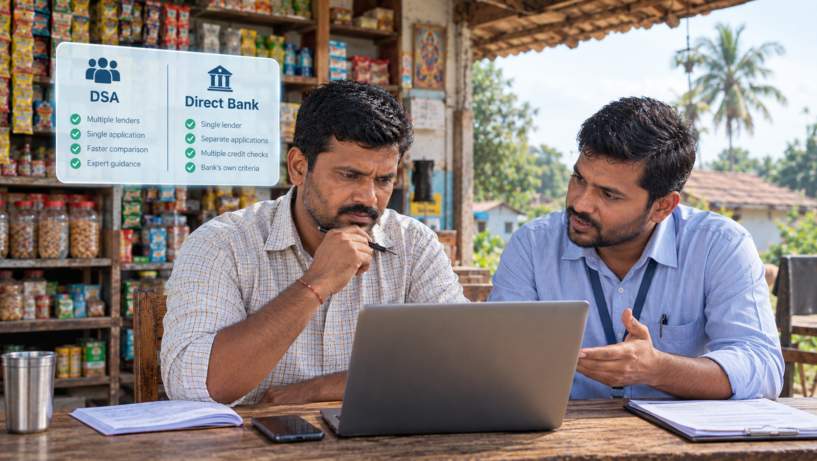 Loan advisor comparing multiple lender options with a borrower in Karnataka