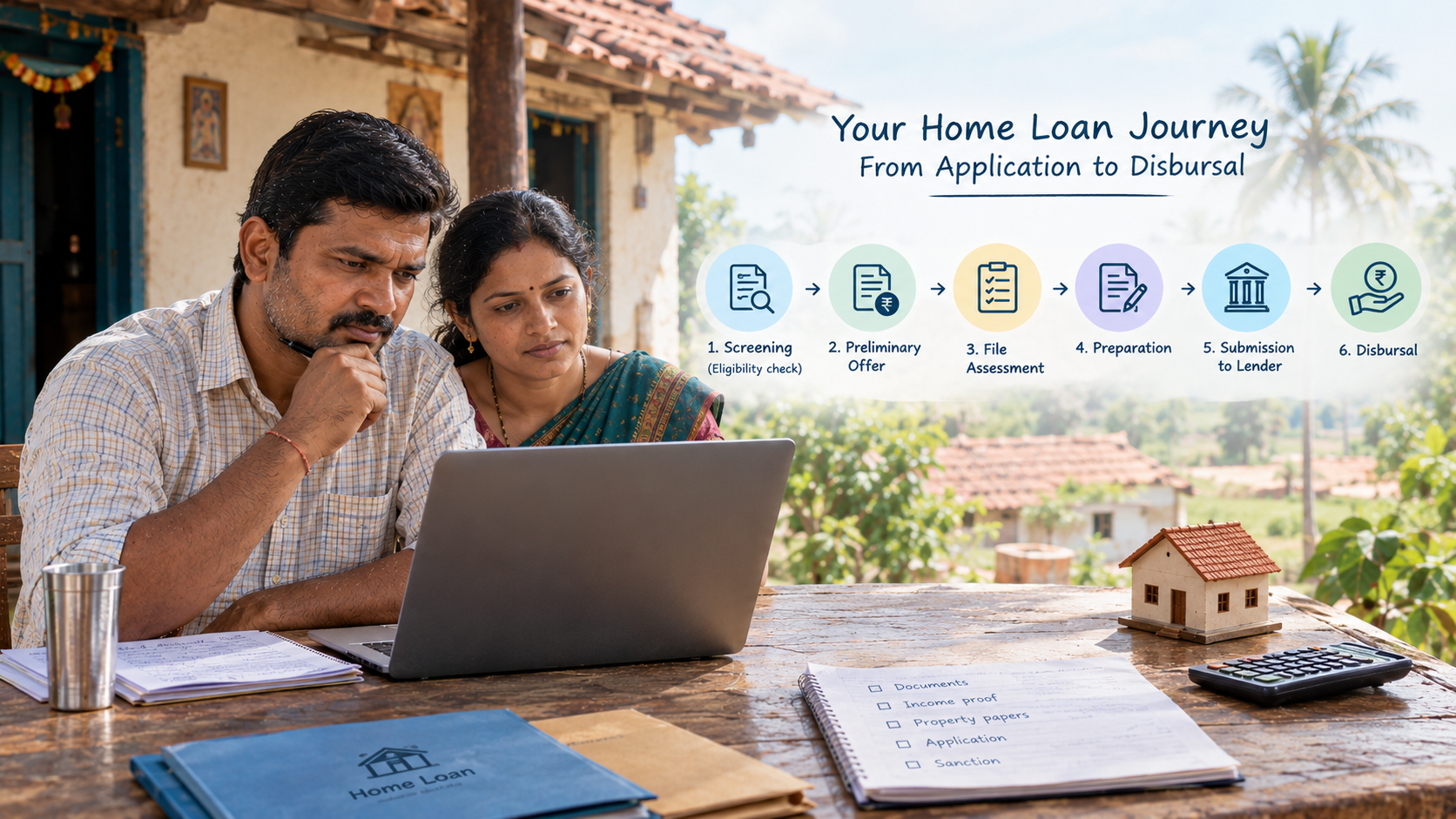 Nivāsa Finance expert reviewing a home loan application with a family at their home in Karnataka