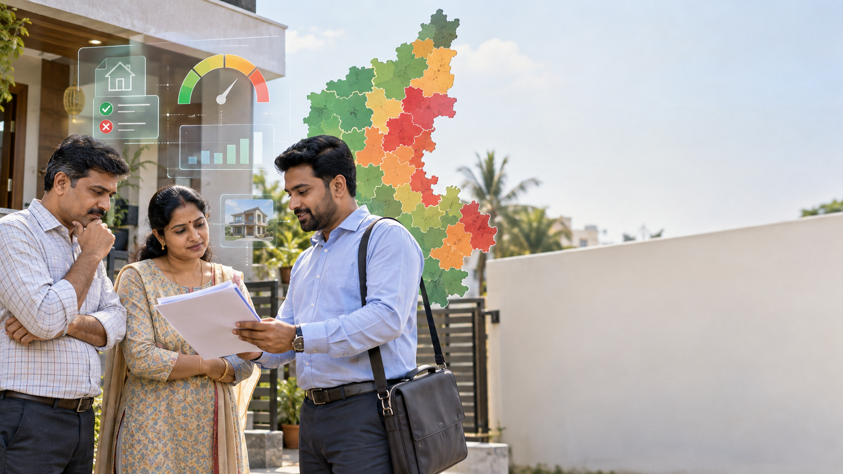Map-style data visual of home loan rejection rates across Karnataka districts