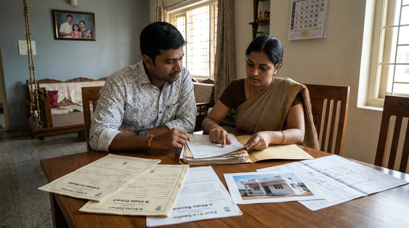 Property documents and Khata records for a home loan application in Karnataka