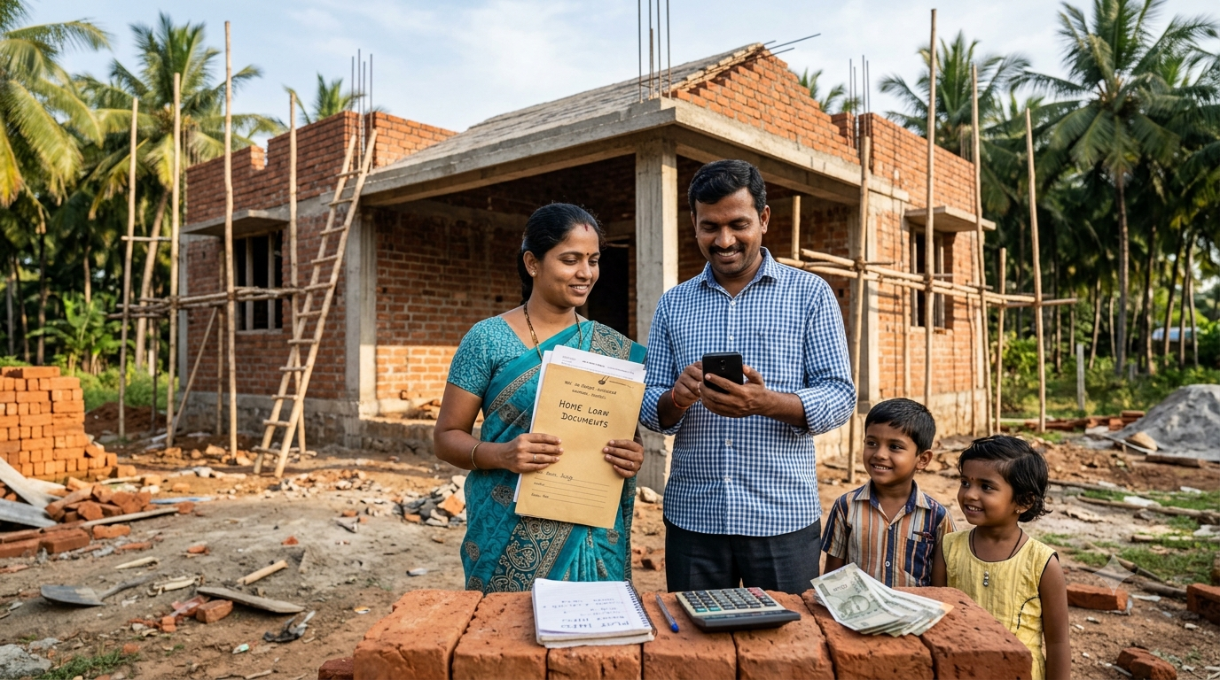 Family in rural Karnataka reviewing home loan options with a Nivāsa Finance advisor