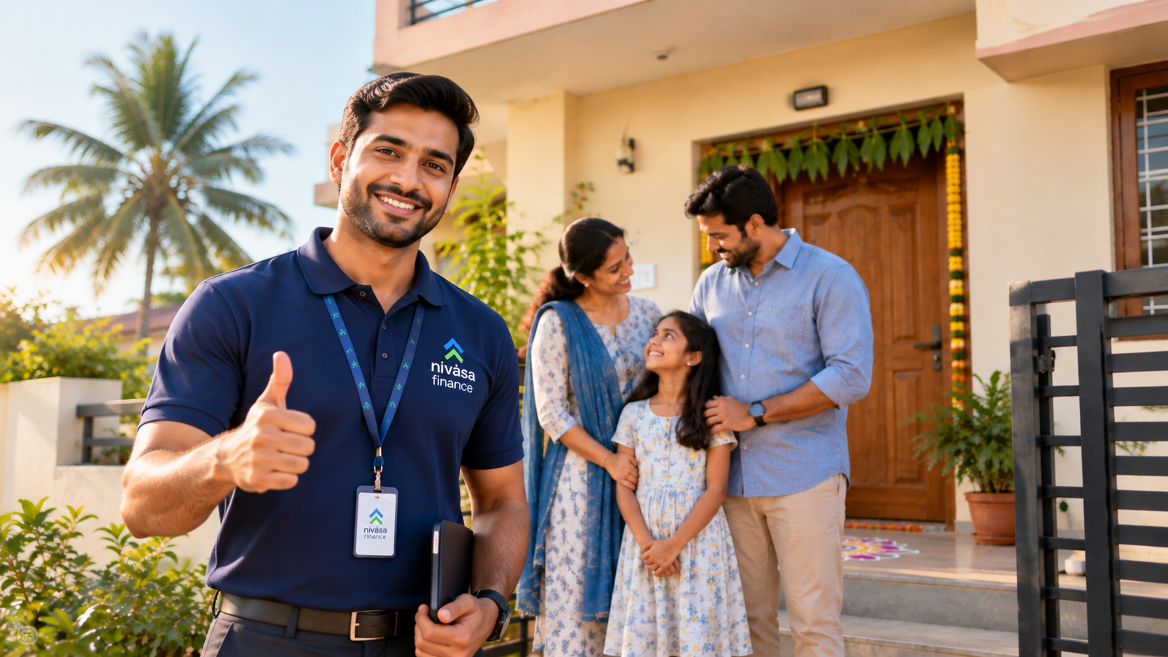 A family smiling outside their new home in Karnataka